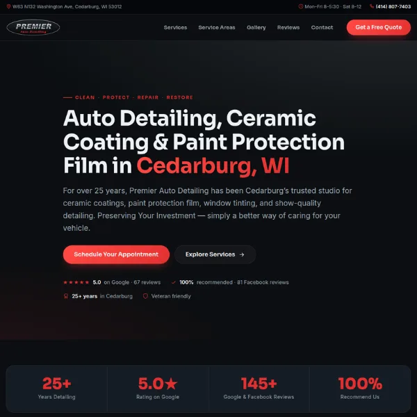 Screenshot of the Premier Auto Detailing website